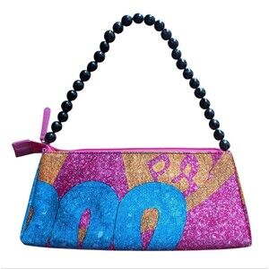 Pineda Covalin Blue And Pink Shoulder Bag With Beaded Strap